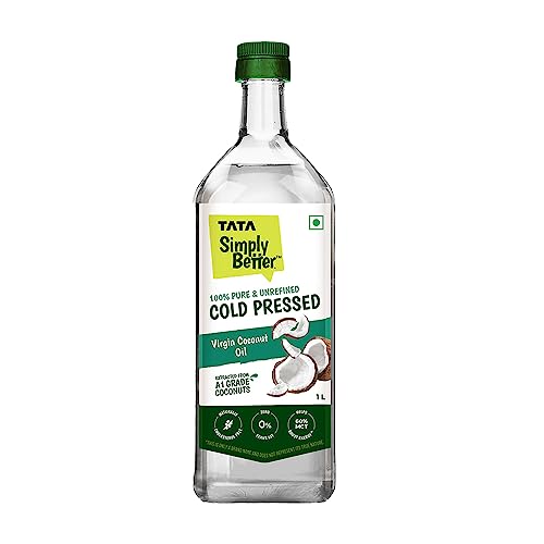 Tata Simply Better Pure and Unrefined Cold Pressed Virgin Coconut Oil, Naturally Cholesterol Free, Kolhu/Kacchi Ghani/Mara Chekku/Ganuga, 1L, Rich Aroma & Flavour of Real Coconuts, A1 Grade Coconuts