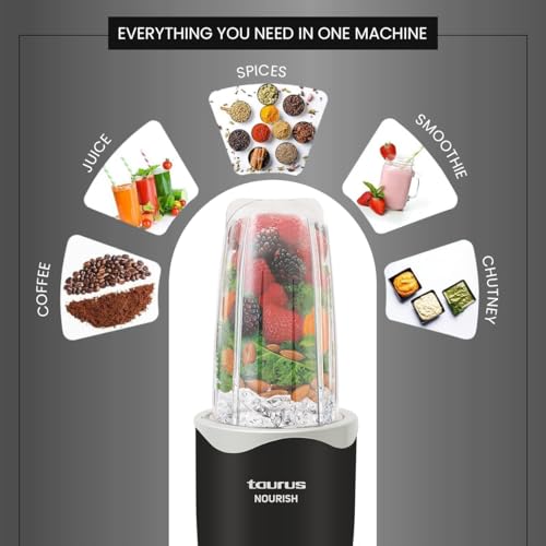 Taurus Nourish Mixer Grinder|5 Jar&2 Storage Jar For Smothies,Coffee,Dry fruits & Wet Grinding|600 W,Copper Motor|3 Blades Including Froth Blade with 2 Sipper & 1 Seasoning Cap|2 Yr Warranty