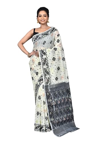 Saree Niketan Bengal Traditional Women's Cotton Silk Soft Jamdani Saree - Without Blouse Piece, White & Black