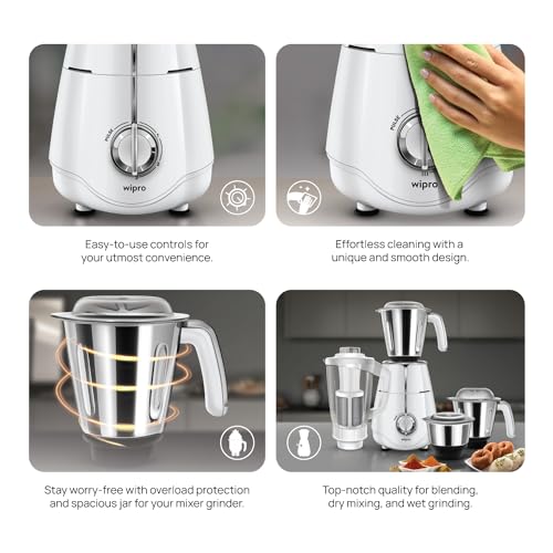 Wipro Elato FMG207 1000 Watt Mixer Grinder with 4 Jars(Wet Grinding Jar (1.5 L) + Dry Grinding Jar (1.2 L) + Chutney Jar (0.5 L) + Juicer (1.2 L)), 100% Copper Motor, 5 Years Motor Warranty,White