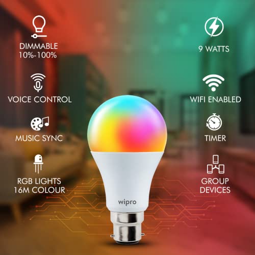 Wipro 9W B22D WiFi LED Smart Bulb with Music Sync Function, Compatible with Amazon Alexa and Google Assistant (16M Colours, Warm White/Neutral White/White + Dimmable) Pack of 1
