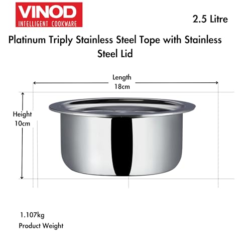Vinod Platinum Triply Stainless Steel Tope with Stainless Steel Lid 2.5 litres Capacity (18 cm Diameter) - Silver (Induction and Gas Stove Friendly), 5 Years Warranty