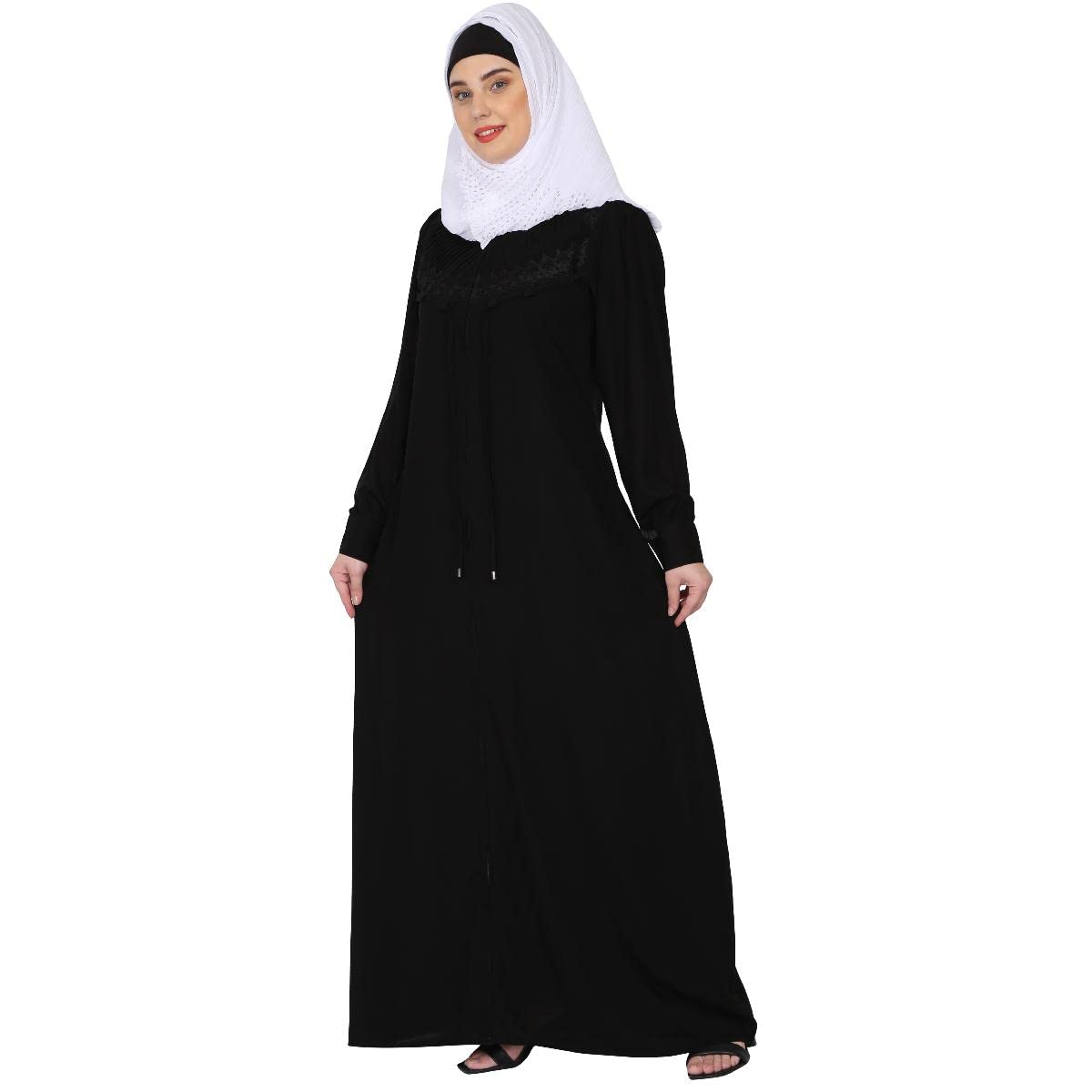 BT - Being Traditional Women’s Front Open Pleated Abaya in Nida Matte Fabric with Lace Work & Zipper Closure (2XL, Black)