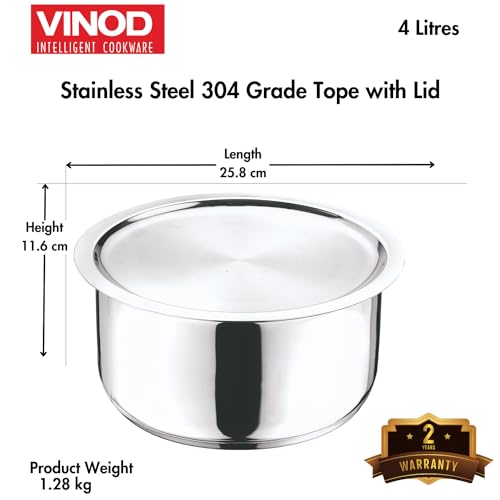 Vinod Stainless Steel 304 Grade - Tope/Patila/Topiya/Tapeli with Lid - Diameter 22 cm,Capacity 4 Litre,Multipurpose,Induction and Gas Stove Friendly,2 Year Warranty,Silver