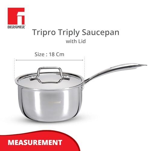 Bergner TriPro Tri-ply Stainless Steel Saucepan with Stainless Steel Lid 18 cm, 2.45 Litre, Induction Base, Silver