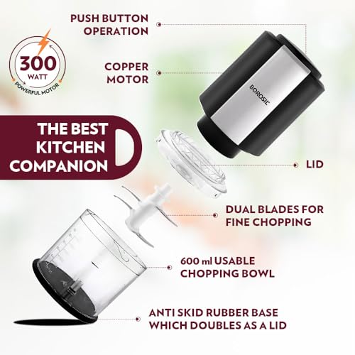 Borosil Chef Delite 300 Watts Electric Chopper for Kitchen, Twin Blade Technology, 600 ml 'chop-n-store' plastic bowl with lid, Vegetable Chopper, Cutter, Chop, Mince, Dice, Whisk, Blend