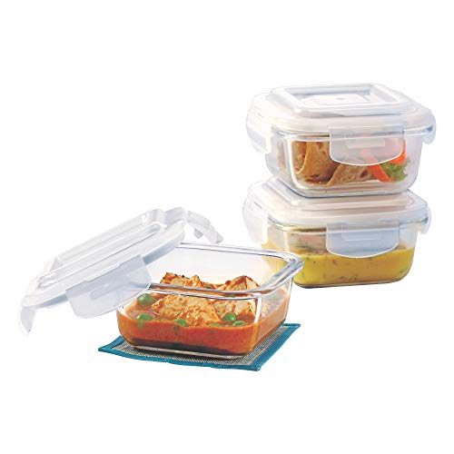 Borosil - Glass Lunch Box Set of 3, 320 ml, Microwave Safe Office Tiffin (12 x 12 x 6.5 cm, Transparent)