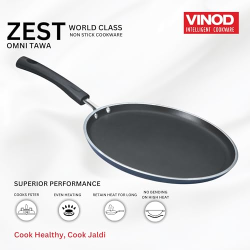 Vinod Zest Aluminium Non Stick Dosa Omni Tawa - 25cm | 3mm Extra Thick | 3 Layer Ceramic Coat | Bakelite Handle | Toxin Free | Gas Base - 1 Year Warranty