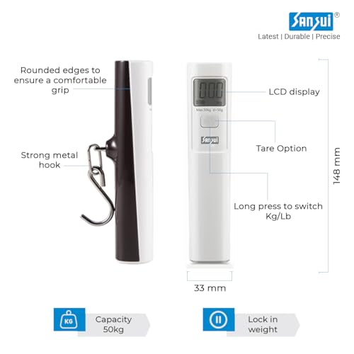Sansui Battery-Free Portable Digital Luggage Scale with Metal Hook (50 kg, White)