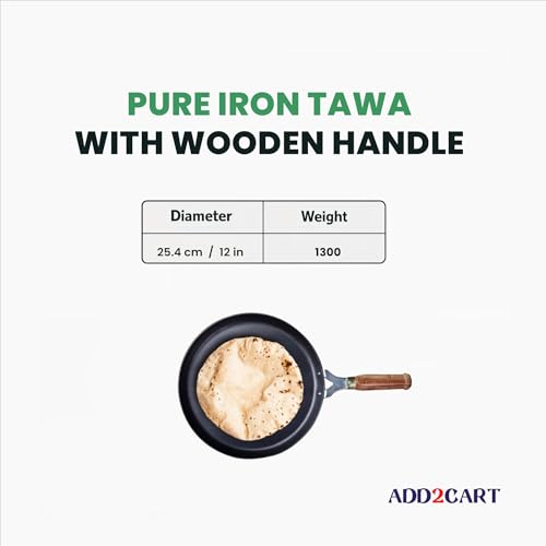 Add2cart Pre-Seasoned Iron Tawa for Dosa/Chapathi has a Wooden Handle and Measures 30.48cm/11 inch, Weighing 1.1kg. It is Induction-Friendly and 100% Pure with no Chemical Coating