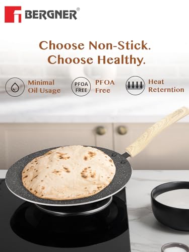 BERGNER Earth Black Non-Stick 26 cm Concave Tawa, Wooden Finish Soft Touch Handle, 3mm Thickness, Consumes Less Oil, Even Heat Distribution, White Marble Splatter, Induction Bottom and Gas Ready