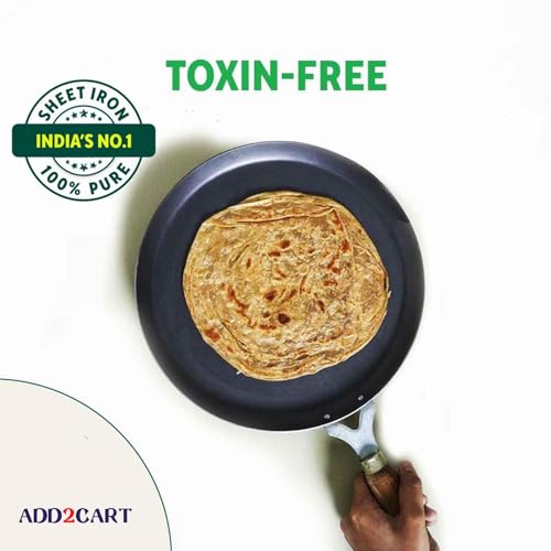 Add2cart Pre-Seasoned Iron Tawa for Dosa/Chapathi has a Wooden Handle and Measures 30.48cm/11 inch, Weighing 1.1kg. It is Induction-Friendly and 100% Pure with no Chemical Coating