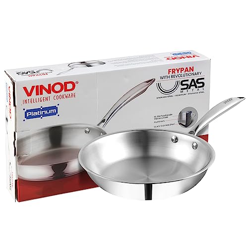 Vinod Platinum Triply Stainless Steel Frypan 20 cm Diameter with Riveted Sturdy Handle (Induction and Gas Stove Friendly) - Silver, 5 Years Warranty