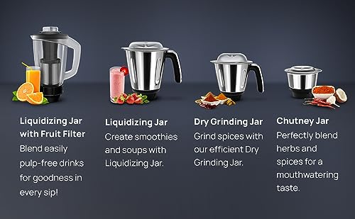 Wipro Elato FMG206 1000 Watt Mixer Grinder with 4 Jars,Heavy Duty 100% Copper Motor,Superfast Grinding,Stone Pounding Blade for Masala, 4 Jars Mixer Grinder 1000 Watt, 5 Years Motor Warranty, Black