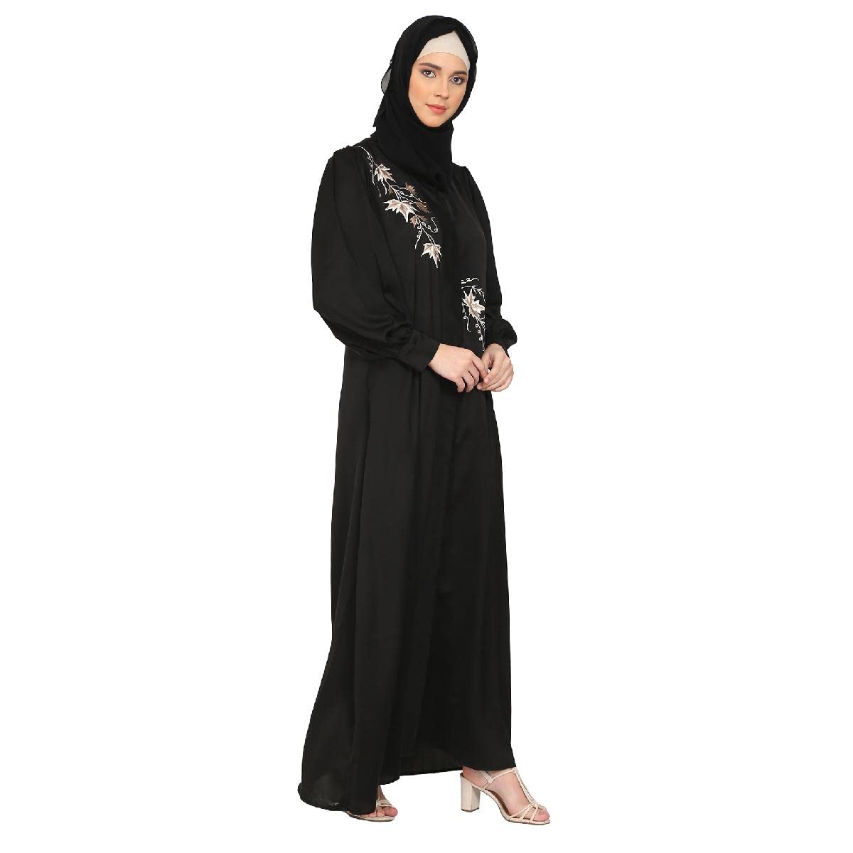 BT - Being Traditional Women’s Front Open Embroidery Abaya in Dubai Nida Fabric with Long Cuff Sleeves & Side Pocket (BT-EFOA-001) (L, Black)