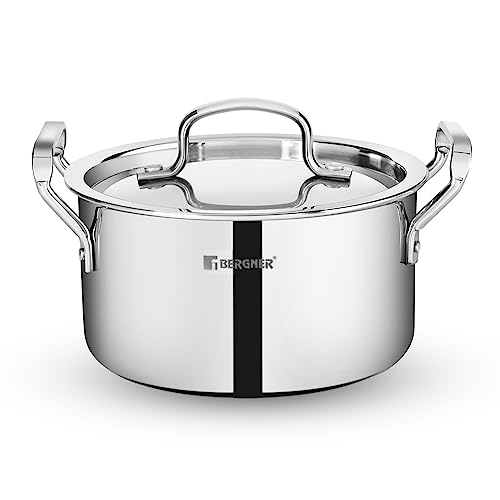 Bergner Tripro Triply Cook and Serve Casserole/ Biryani Pot/ Handi with Stainless Steel Lid, 28 cm, 3.8 Litres, Heavy Bottom Induction and Gas Ready, New Improved Handles for firmer Grip, Silver