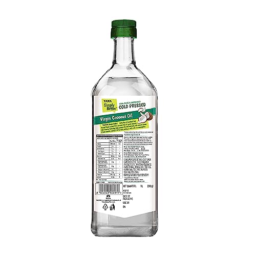 Tata Simply Better Pure and Unrefined Cold Pressed Virgin Coconut Oil, Naturally Cholesterol Free, Kolhu/Kacchi Ghani/Mara Chekku/Ganuga, 1L, Rich Aroma & Flavour of Real Coconuts, A1 Grade Coconuts