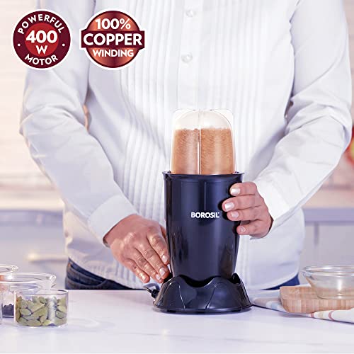 Borosil Plastic Nutrifresh Pb31 Portable Mini-Blender & Grinder, 500 Ml Blending Jar, 300 Ml Chutney Jar, For Blending Smoothies & Chutneys, Dry Grinding Spices, Black, 400 W, 400 Watt