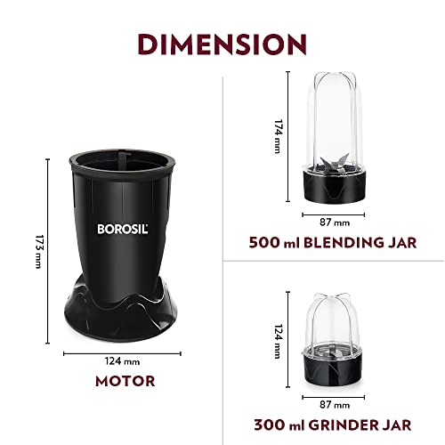 Borosil Plastic Nutrifresh Pb31 Portable Mini-Blender & Grinder, 500 Ml Blending Jar, 300 Ml Chutney Jar, For Blending Smoothies & Chutneys, Dry Grinding Spices, Black, 400 W, 400 Watt