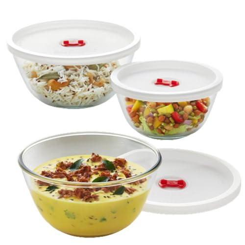 Borosil Glass Serving & Mixing Bowls with Lids, Oven & Microwave Safe Bowls, Set of 3 (500 ml + 900 ml + 1.3 L), Borosilicate Glass, Clear