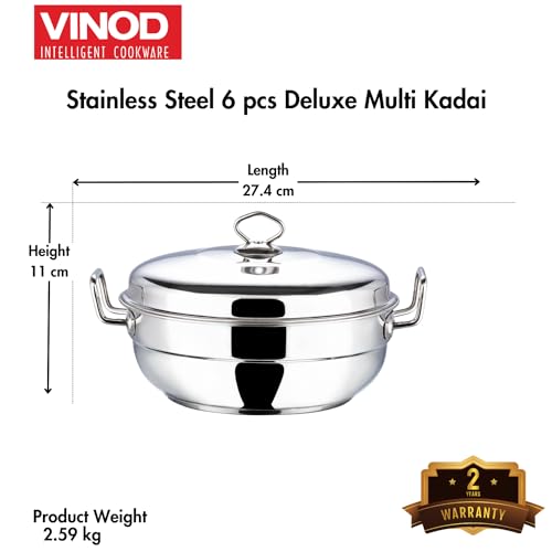 Vinod 6 Pc Stainless Deluxe Multi Kadai Set: 2 Idli Plates,2 Dhokla Plates,1 Patra Plate & 1 Mini Idli Plate- 2Yr Warranty,Silver (Induction Friendly)