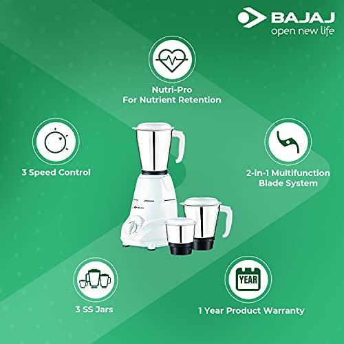 Bajaj Rex 500W Mixer Grinder with Nutri-Pro Feature, 3 Jars, White