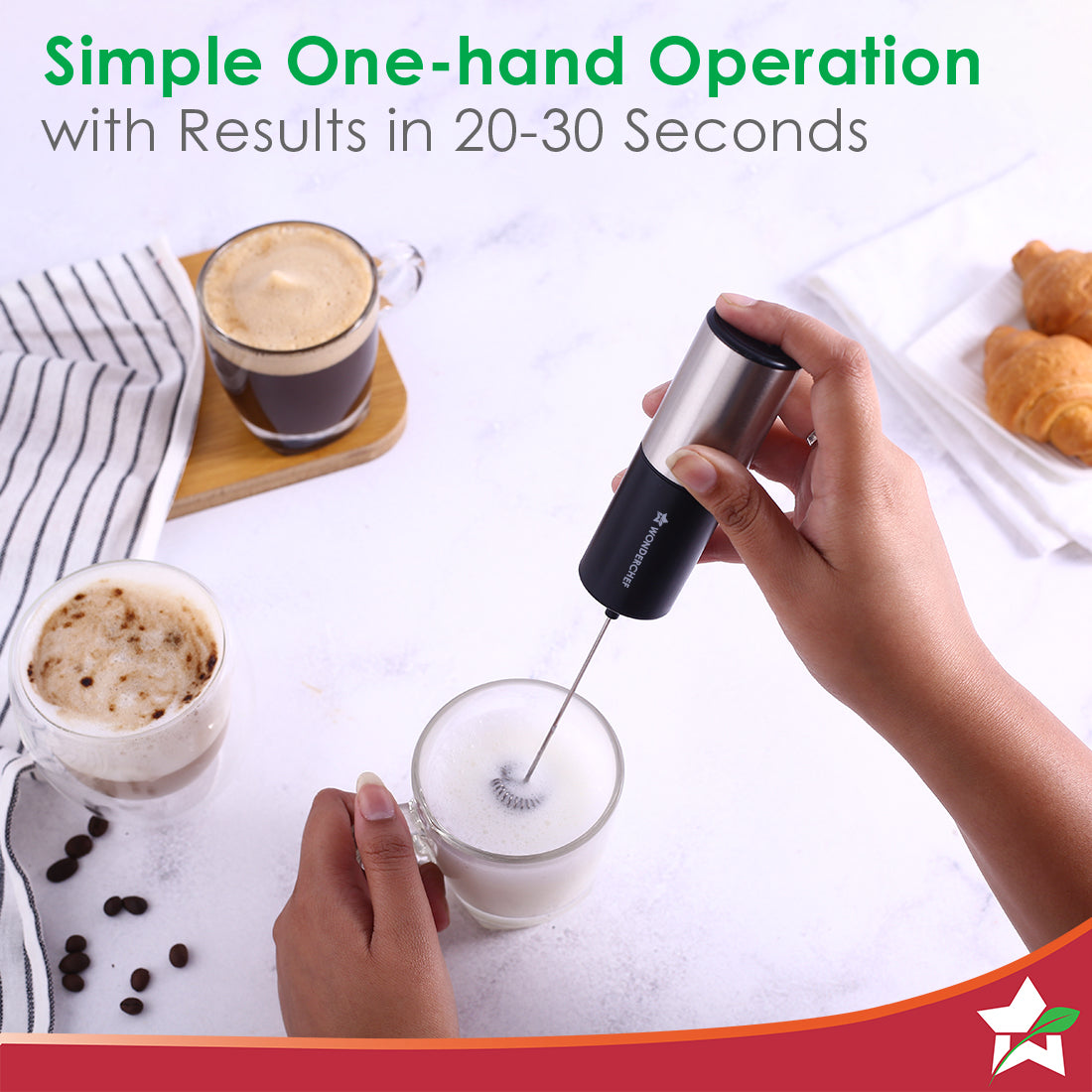 Wonderchef Regalia Milk Frother | Rich and Creamy Froth in Seconds | Stainless Steel Body & Whisk | AA Battery Operated | Blend Lassi, Cold Coffee, Gym Shakes, Whipped Cream | Easy to Clean | Black