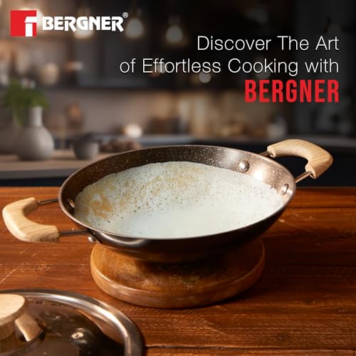 Bergner Bellini Plus Aura 5-Layer Non-Stick 20 cm Appachetty with Stainless Steel Lid, Wooden Finish Soft Touch Handle, Even Heat Distribution, PFOA Free, Gas Stove Compatible - Black