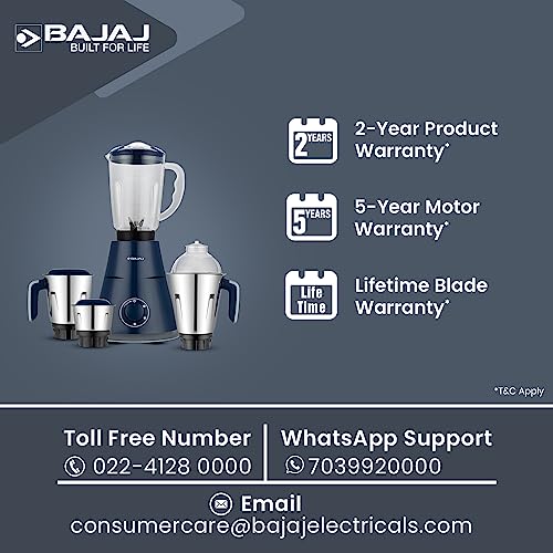 Bajaj Ninja Series Trinity 750W 4 Jar Mixer Grinder| DuraCut Blades by Bajaj|Powerful 750W Titan Motor| 3-SS Jars & 1 Juicer Jar| 5-Yr Warranty by Bajaj| Royal Blue
