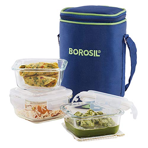 Borosil - Glass Lunch Box Set of 3, 320 ml, Microwave Safe Office Tiffin (12 x 12 x 6.5 cm, Transparent)