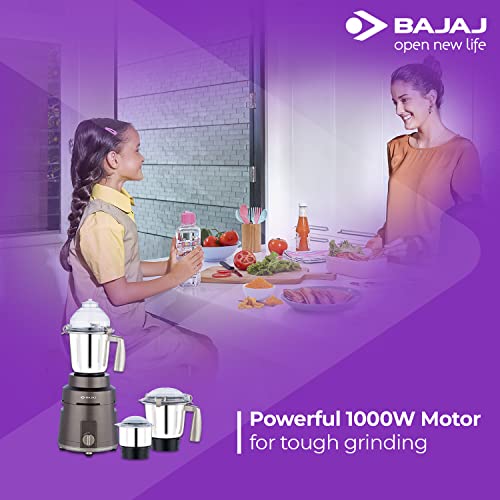 Bajaj Herculo Mixer Grinder 1000W| 100% Copper Motor Mixie For Kitchen|3 Stainless Steel Jars|Portable & Lightweight Mixer|Hands-Free Operation| Multifunctional Blades|2-Yr Warranty By Bajaj|Brown