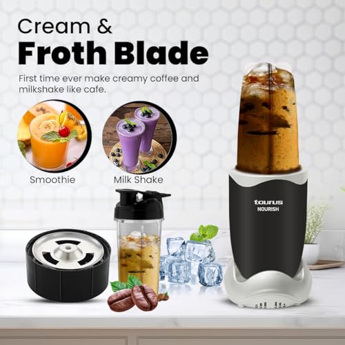 Taurus Nourish Mixer Grinder|5 Jar&2 Storage Jar For Smothies,Coffee,Dry fruits & Wet Grinding|600 W,Copper Motor|3 Blades Including Froth Blade with 2 Sipper & 1 Seasoning Cap|2 Yr Warranty