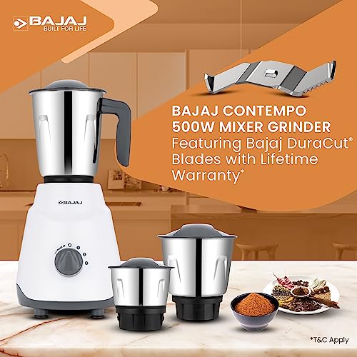 Bajaj Ninja Series Contempo 500W Mixer Grinder|3 Stainless Steel Jar|DuraCut Blades by Bajaj|2-in-1 function blade| Pulse Mode| 2 Warranty by Bajaj| Grey
