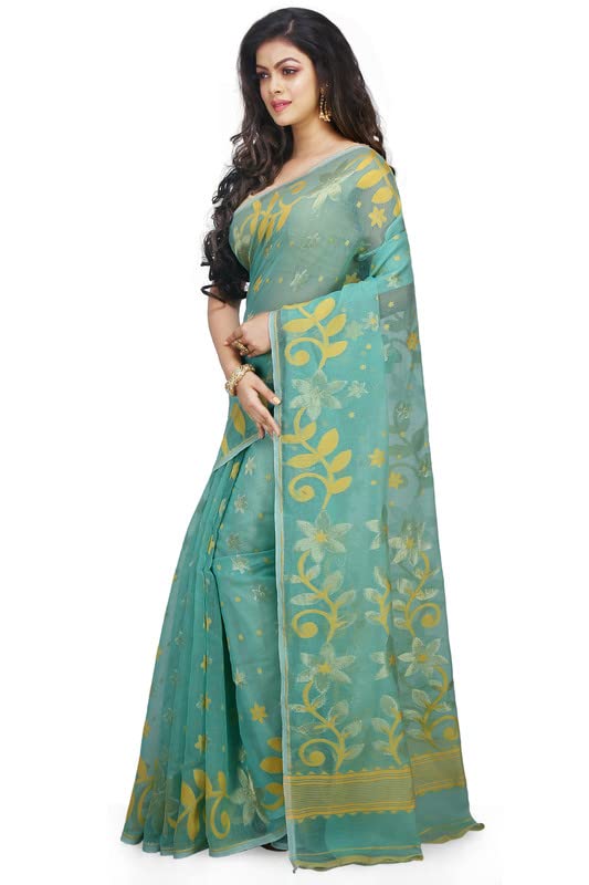 BENGAL HANDLOOM Women's Cotton Silk Flower Dhakai Allover Soft Jamdani Sarees, Blue
