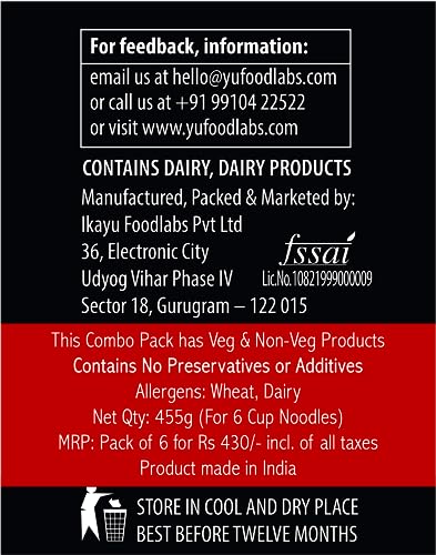 Yu Foodlabs-Cup Noodles Combo Pack Of 6-Chilli Manchurian, Zingy Cheese, Chilli Chicken, Butter Chicken, Red Hot Veg, Red Hot Chicken-No Preservatives-100% Natural-Ready To Eat Instant Noodles-455gram