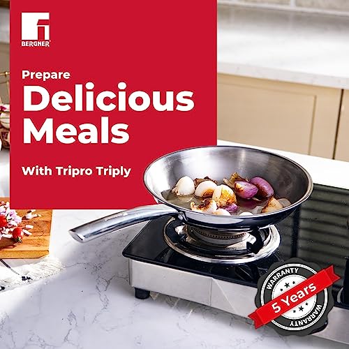 Bergner Tripro Triply Stainless Steel Frypan/ Skillet, 22 cm, 1.1 Litres, Ergonomic Stay Cool Handle, Flared Rim, Efficient and Fast Heating, Induction, Gas and Metal Spatula Friendly