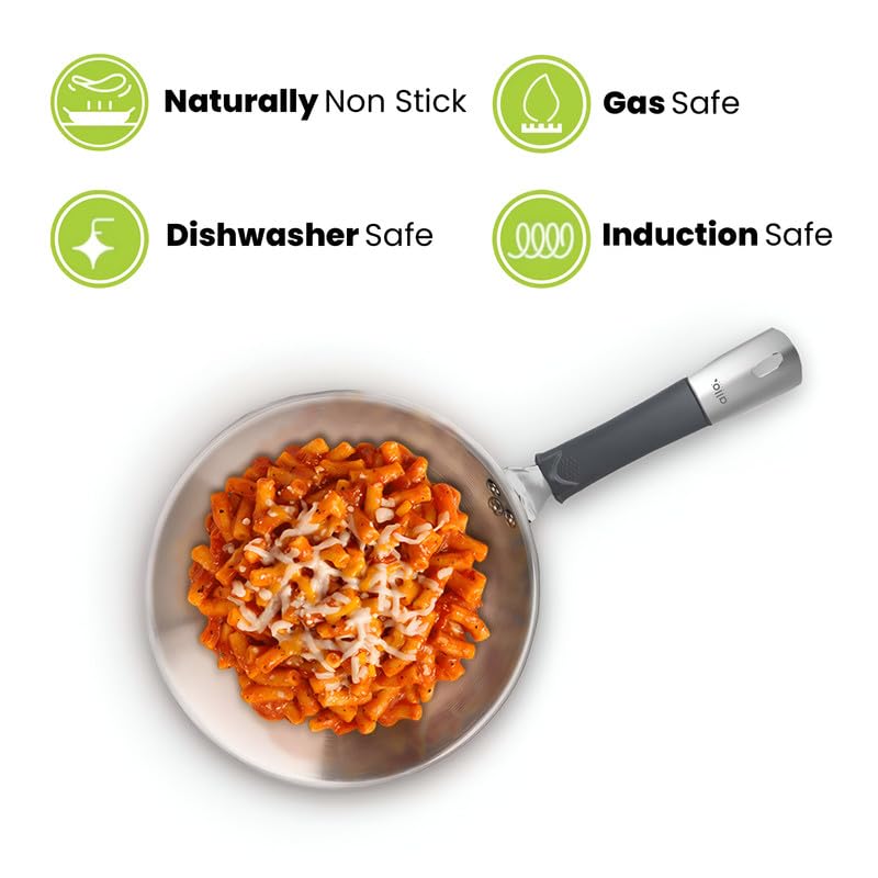 Allo Stainless Steel Triply Fry Pan/Skillet for Curry/Stir-Fry/Deep-Fry/DryVeg/Sauté/Cooking Induction Friendly, Naturally Non-Stick with Handle Steel Pan | 10 Years Warranty, 24cm, 2 litres