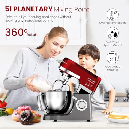 Taurus Stand Mixer 1200W with Copper Motor|5.3L SS Bowl |Metal Gear for Stability|8 Speed Setting Includes Whisking Cone, Mixing Beater,Dough Hook & Splash Guard|Dough Atta Maker Machine (Mixing Chef)