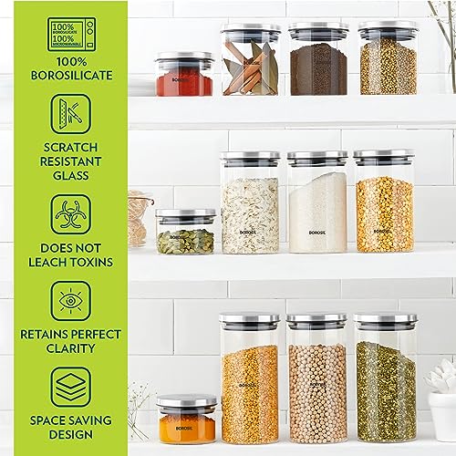 Borosil Classic Glass Jar, Air-Tight Storage Container For Kitchen, Glass Jar For Storing Spices, Snacks, Grains, Dals, Set of 2 (600 ml each), Clear