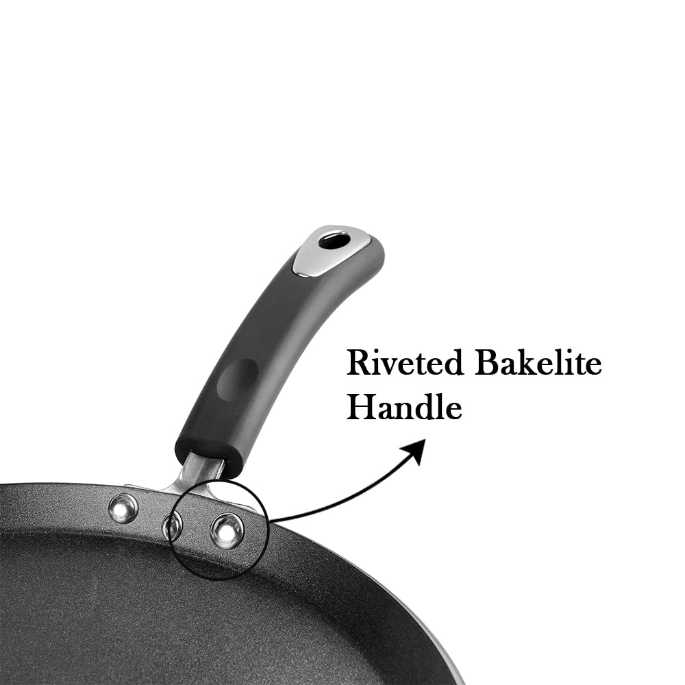 Vinod Hanos Non-Stick Dosa Tawa 30 cm Diameter, Hard Anodised Non-Stick Coating with Bakelite Riveted Handle - 5.25 mm Thickness, Black (Induction and Gas Stove Friendly)