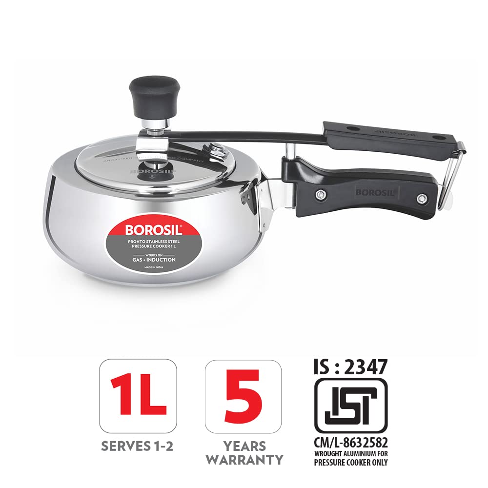 Borosil Pronto 1 L Inner Lid Stainless Steel Pressure Cooker | 6.8 mm Thick Base, Even Heat Distribution | Gas & Induction Campatible | 5 Years Warranty