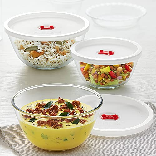 Borosil Glass Serving & Mixing Bowls with Lids, Oven & Microwave Safe Bowls, Set of 3 (500 ml + 900 ml + 1.3 L), Borosilicate Glass, Clear