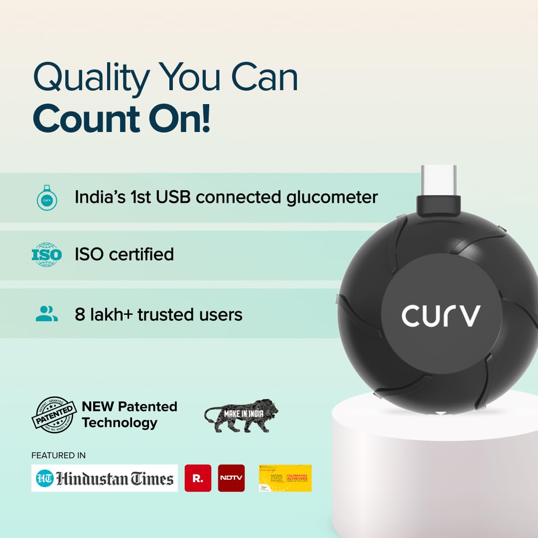BeatO CURV Sugar Test Machine | FREE 25 Strips & 25 Lancets (Type-C USB Connector) | Simple & accurate testing of Blood sugar levels at home |Smartphone Connected Glucometer Machine | Android only | ISO Certified: Made in India