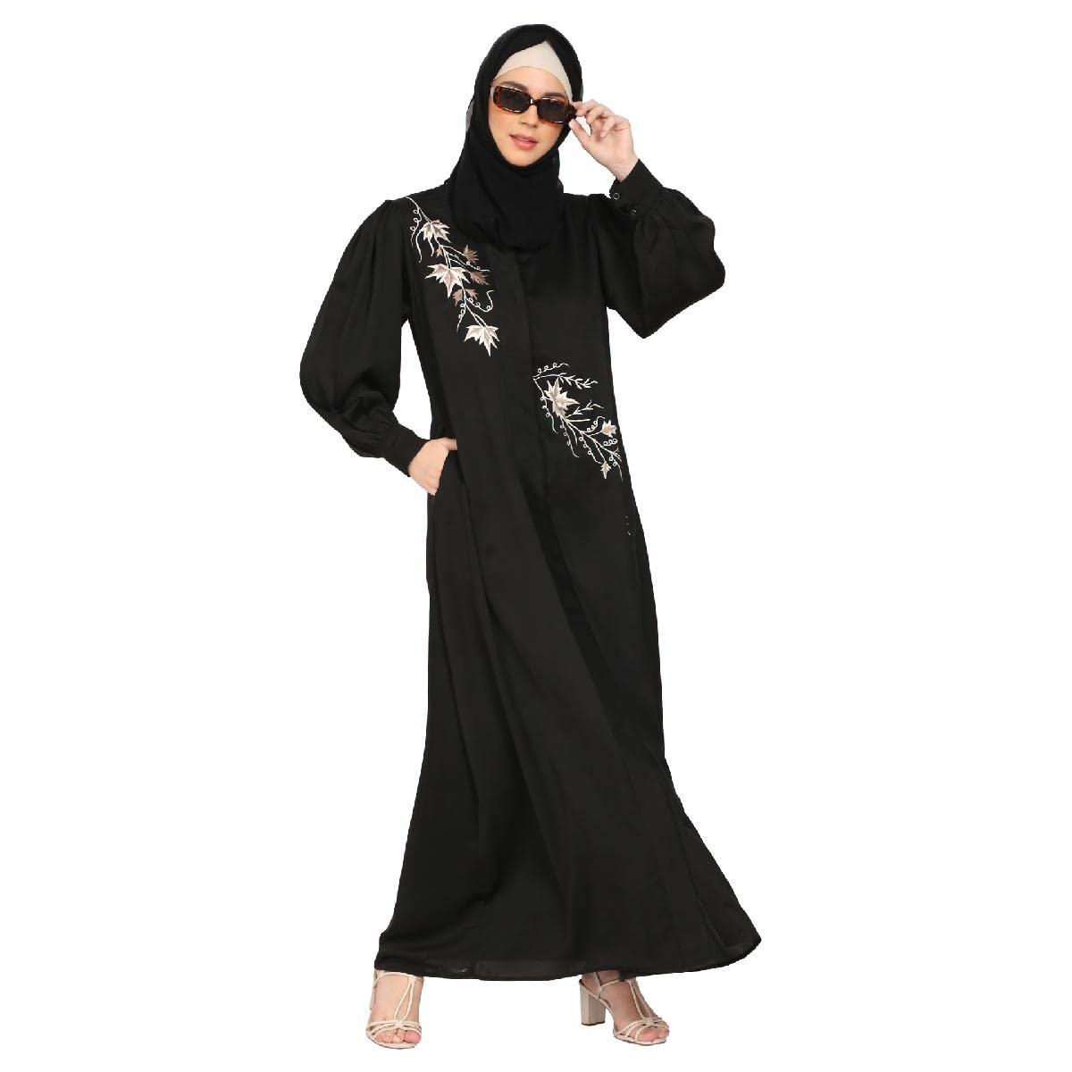 BT - Being Traditional Women’s Front Open Embroidery Abaya in Dubai Nida Fabric with Long Cuff Sleeves & Side Pocket (BT-EFOA-001) (L, Black)