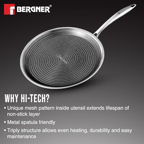 Bergner Hitech Triply Non-Stick 32 cm Dosa Tawa, Tawa for Dosas with Non-Stick Mesh Pattern, Rivetless Handle, Metal Spatula Friendly, Even Heat Distribution, Induction Bottom and Gas Stove Ready
