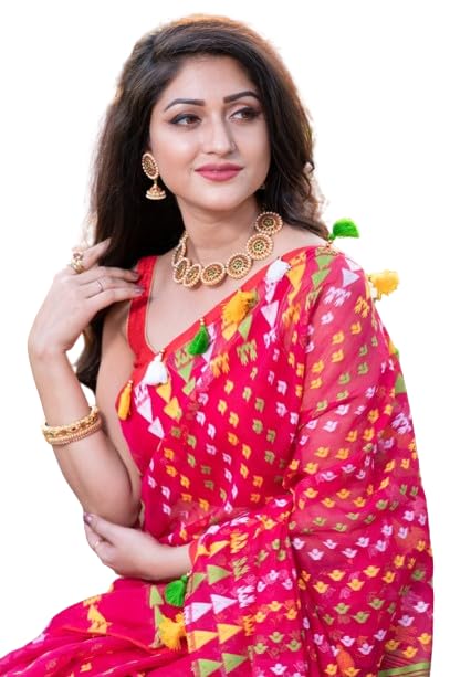 Rupanjali Jamdani Handloom Woven Pure Cotton Soft Light Weight Saree For Women's - Rani
