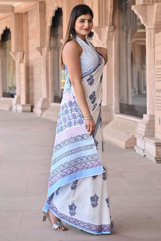 Shivanya Handicrafts Women's Hand Block Print Mulmul Cotton Sarees with Attach Blouse Piece (SH-1444, White)