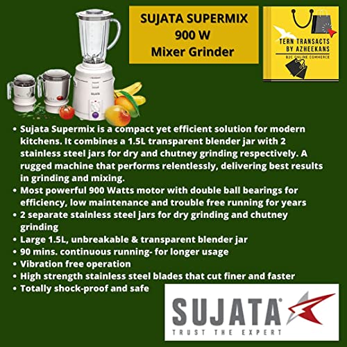 Sujata Supermix, Mixer Grinder, 900 Watts, 3 Jars (White)