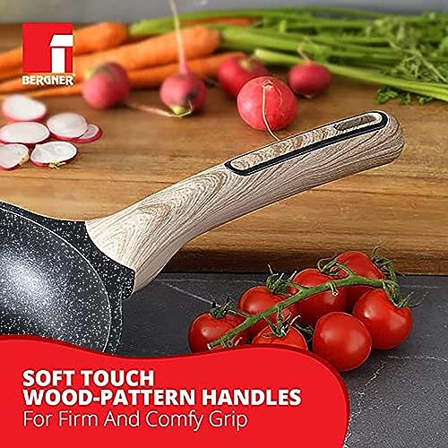 BERGNER Ultimate ILag Marble Non Stick Frypan/Frying Pan, 24 cm, 1.8 litres, Induction Base, Wooden Soft Touch Handle, Food Safe (PFOA Free), Thickness 4.5mm, 1 Year Warranty, Grey