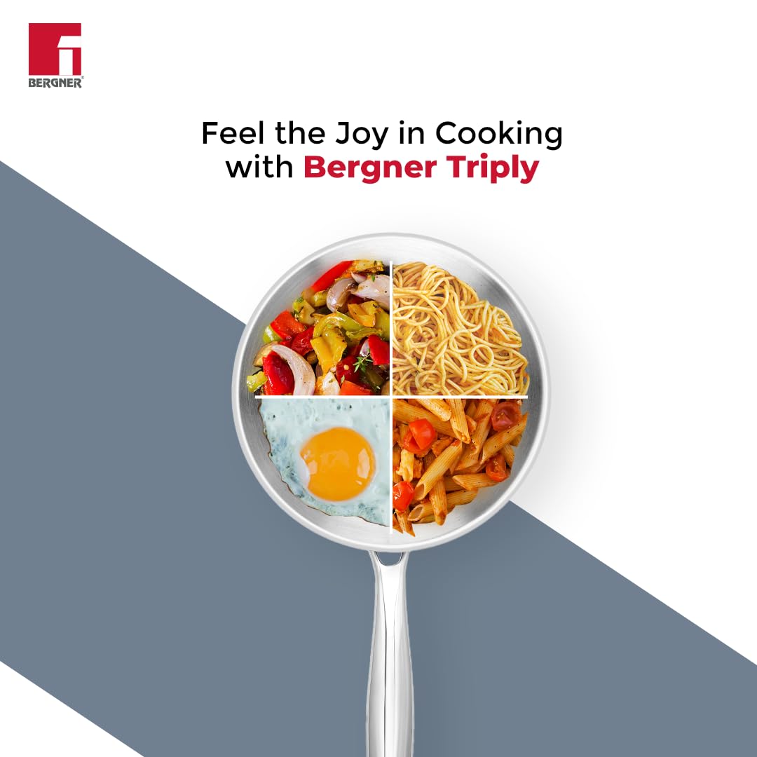 BERGNER Argent TriPly 20 cm Frypan/Steel Pan, Scratch Resistant, for Spice Tempering/Seasoning, Stay Cool Long Handle, Mirror Finish, Induction Ready, 5-Year Warranty by Bergner